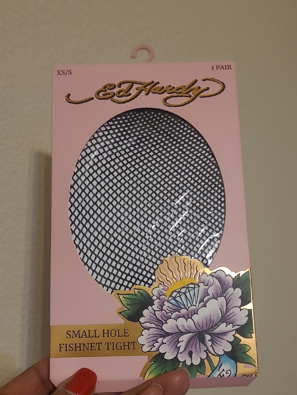 Ed Hardy Small Hole Fishnet Tights - Pink Packaging